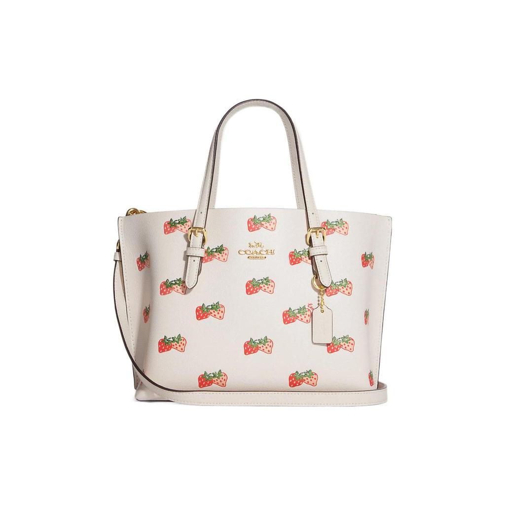 Coach Mollie Strawberry Print Top Zip Double-Sided Leather Tote Bag Women Tote Bag White Pink CB600-IMCAH