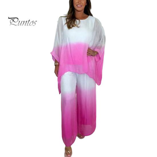 Summer Chiffon Gradient 2 Piece Set for Women Plus Size Crew Neck Top Wide-leg Pant Set Casual Loungewear Outfit