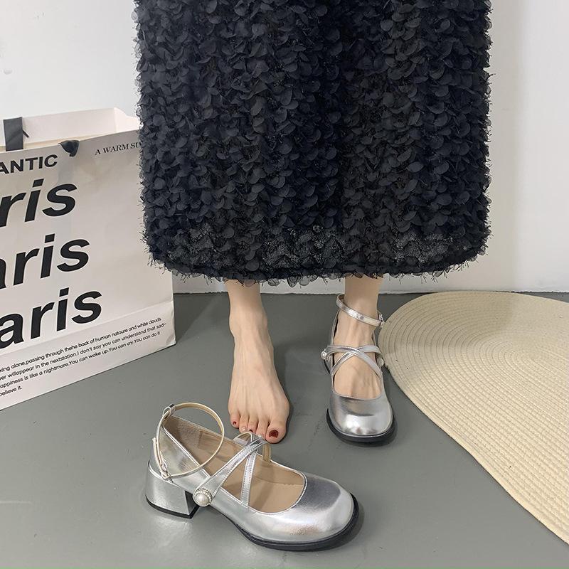 Temperament серебристо-жемчужные туфли Мэри Джейн женские весенне-осенние туфли на высоком каблуке в стиле французского ретро с перекрестными пряжками на толстом каблуке jk single