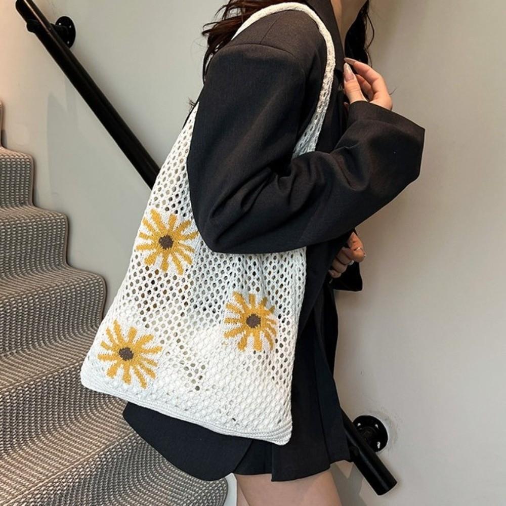 Flowers Pattern Crochet Tote Bag Retro Hollow Shoulder Bag Trendy Beach Knitting Bag Office