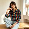 Women Bright Floral Print Satin Lapel Long‑Sleeve Shirt, Smooth Drape Fabric, Suitable for Office Commute, Daily Shopping and Casual Dat