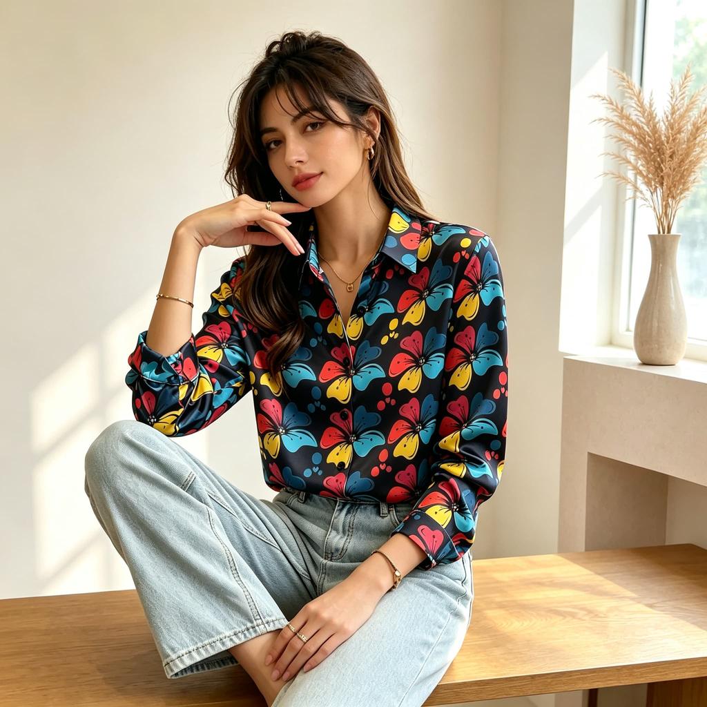 Women Bright Floral Print Satin Lapel Long‑Sleeve Shirt, Smooth Drape Fabric, Suitable for Office Commute, Daily Shopping and Casual Dat
