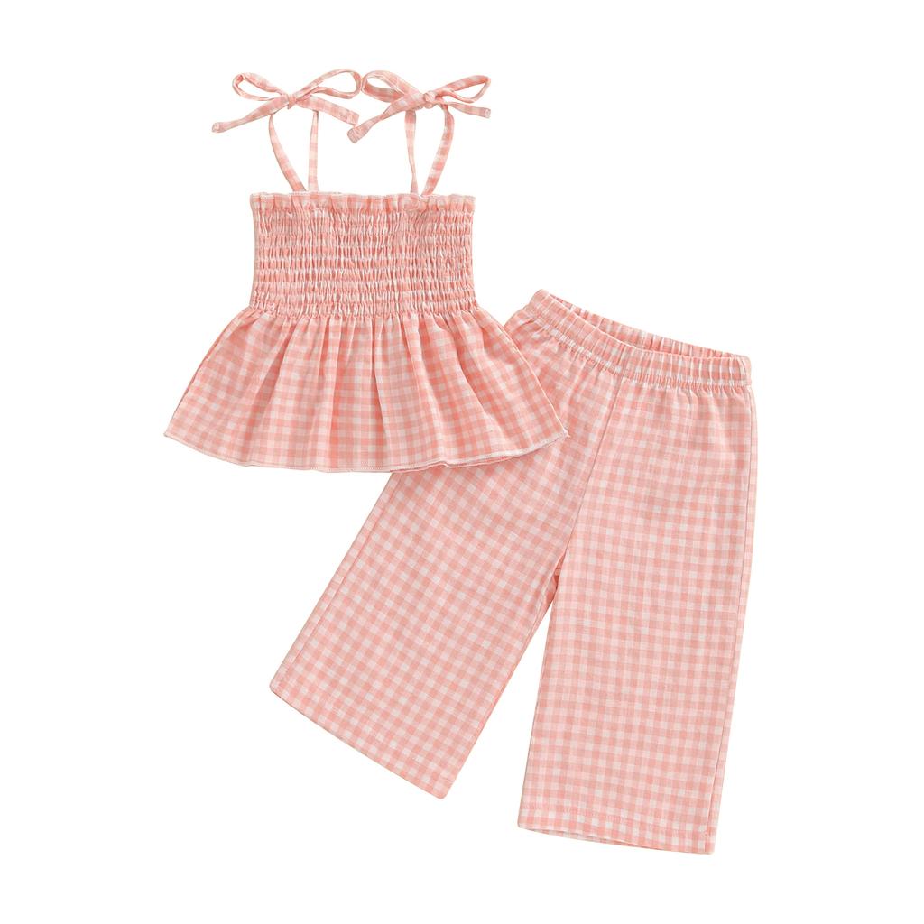 Toddler Girl Summer Outfit Plaid Tie-Up Spaghetti Strap Ruched Sleeveless Tank Tops and Loose Pants 2Pcs Clothes Set