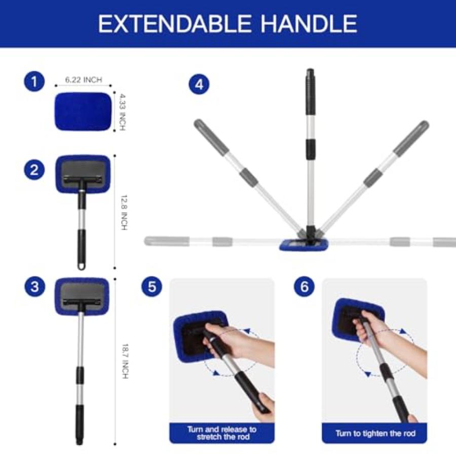 11pcs Windshield Cleaner Tool, Car Window Cleaning Wash Kit with 6 Reusable Microfiber Pads 2 Spray Bottles and Extendable Hand