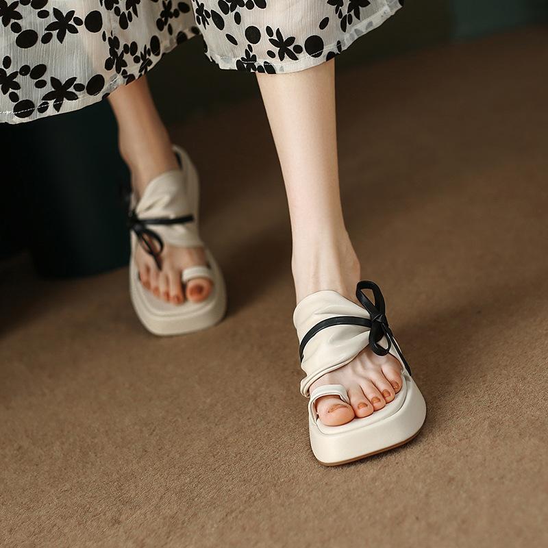 Женские летние тапочки на платформе, на плоской подошве, на низком каблуке, с открытым носком, сандалии, повседневные пляжные уличные женские туфли с завязкой-бабочкой