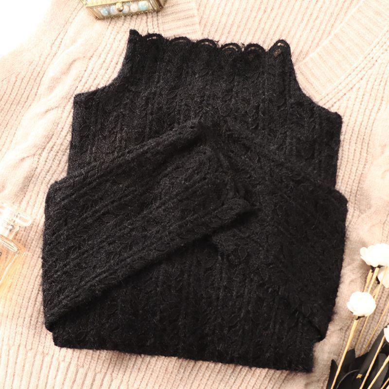 Топ из сетки с высоким воротником и кружевом с начесом для женщин - Модный осенне-зимний слой