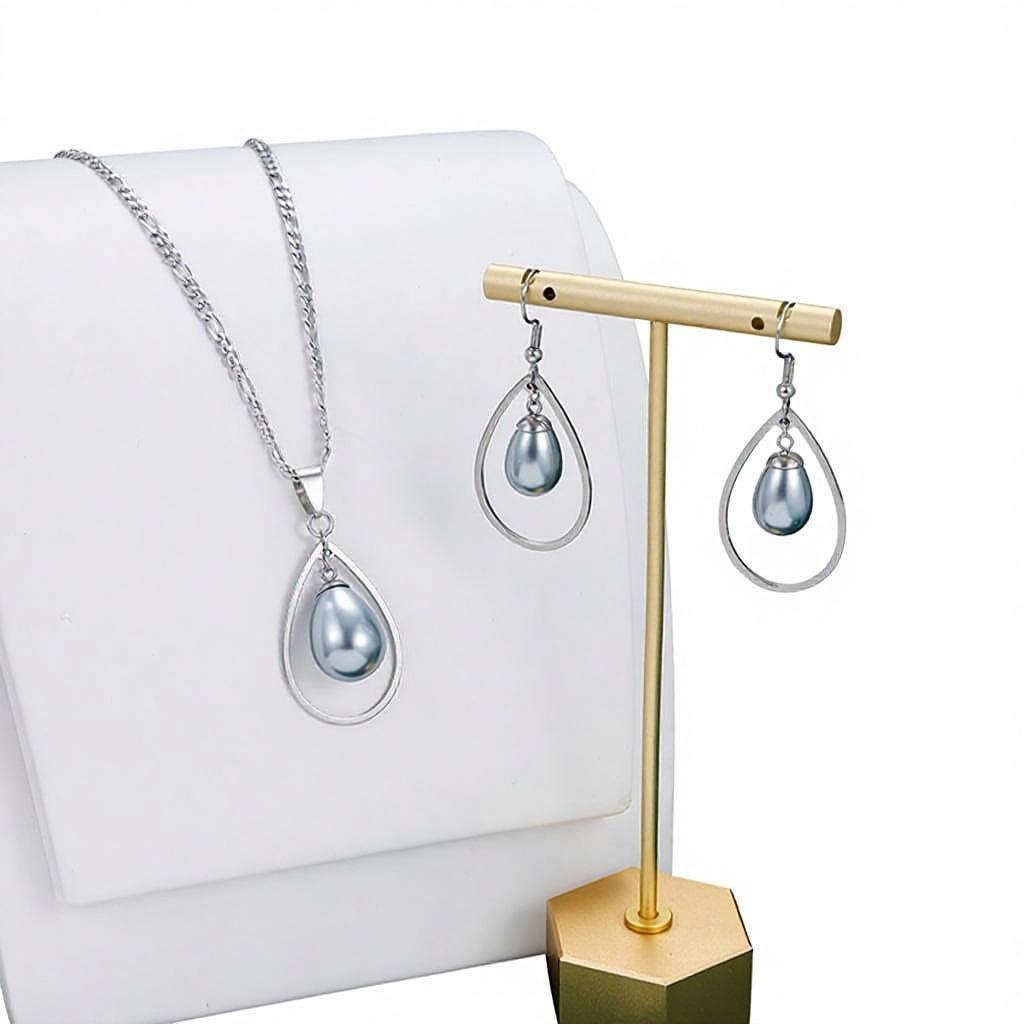 High Quality Stainless Steel 18K Gold Plated F Pearl Necklace Earrings Set Wedding Engagement Gift New Design