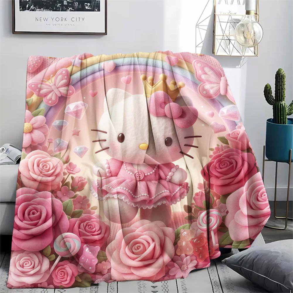 1 шт. Розовое фланелевое одеяло Hello Kitty с принтом, Высококачественное, Для всех сезонов, Декор для дома, Тепло и комфорт, Идеально для рождественских подарков