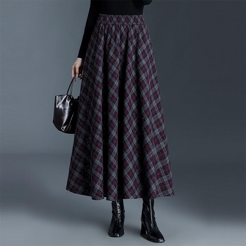 Plaid Drapey A-line Elastic Waist Pleated Midi Skirt - 2025 Winter Slimming Edition