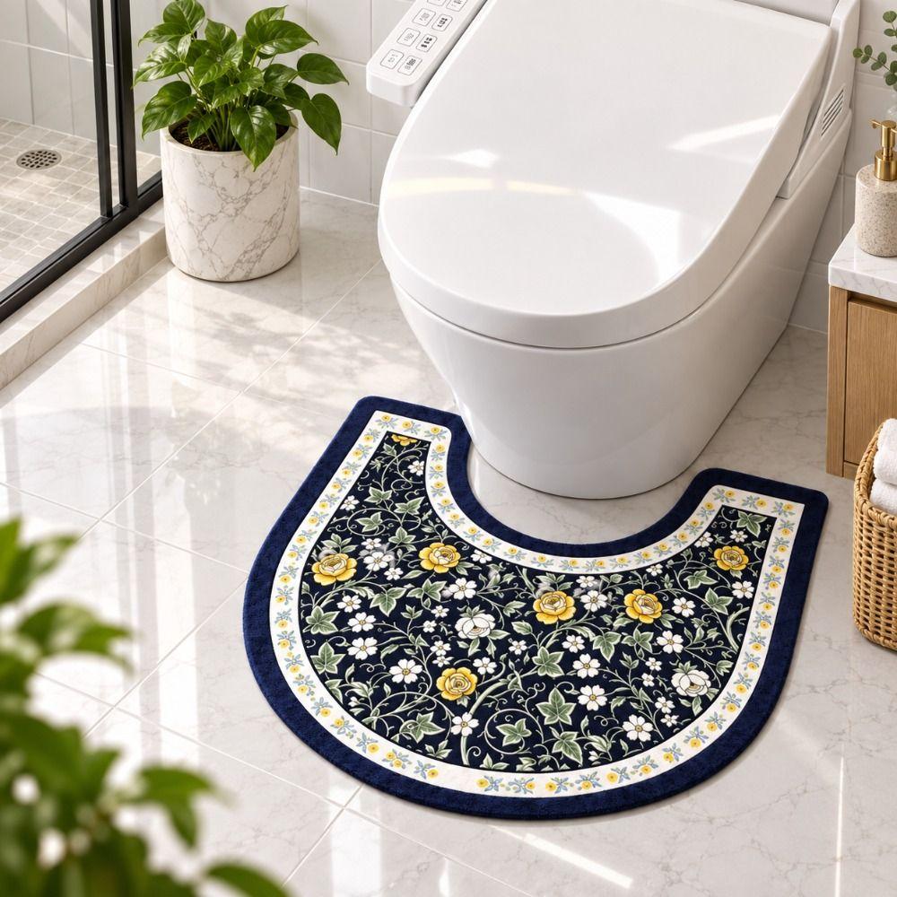 Floral Pattern Toilet U-shaped Mat Absorbent Bath Mat Practical Bathroom Floor Rug Household