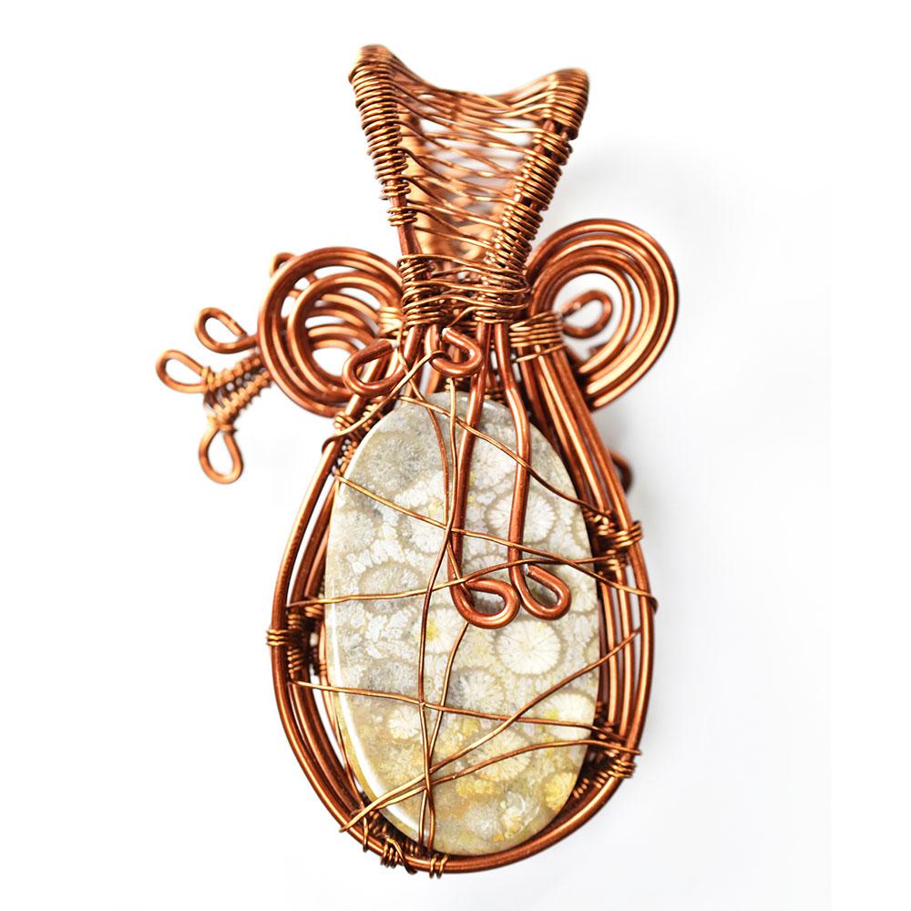 Natural Coral Pendant 89.7 ct Fossil Copper Wire Wrapped Oval Shape Gemstone Jewelry Gift