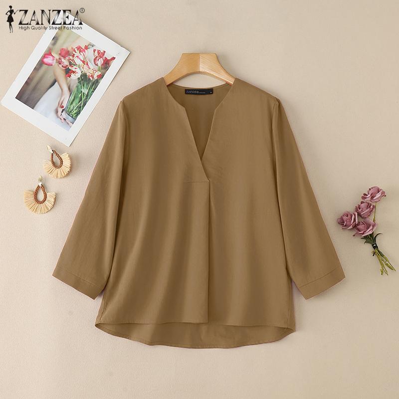 ZANZEA Women Casual V-Neck Solid Color Loose 3/4 Sleeve Cotton Blouse