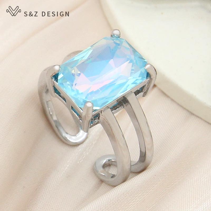 Модные красочные регулируемые прямоугольные кольца с кристаллами для женщин, ювелирные изделия цвета розового золота, повседневные аксессуары