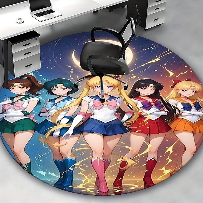 1pc Sailor Moon Anime Cartoon Design Round Carpet  Office Chair Mat, NonSlip Rug for Home Decor, Living Room
