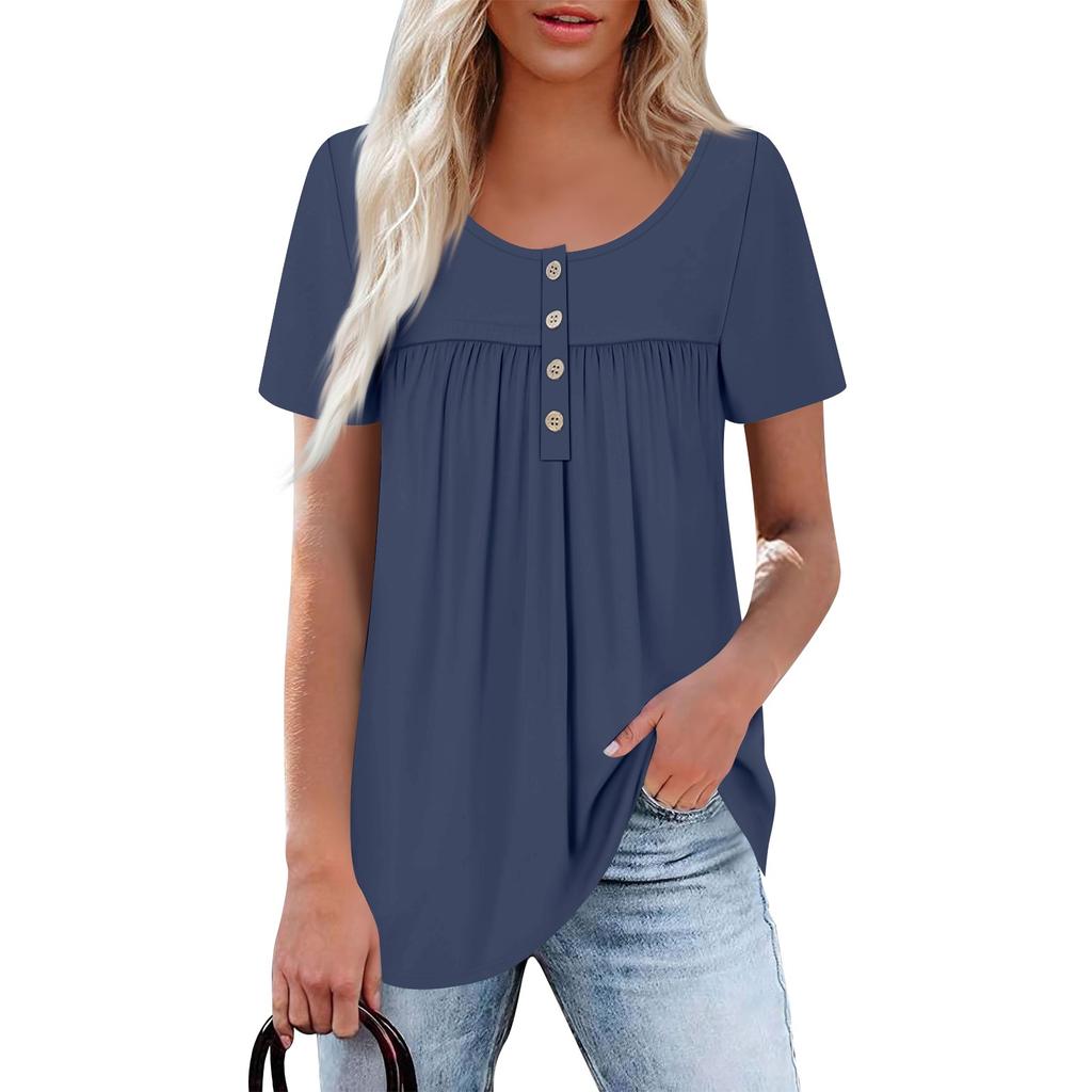 Womens Short Neck Casual Round Sleeve Button Down Collar Chest Ruffle Solid Color Top