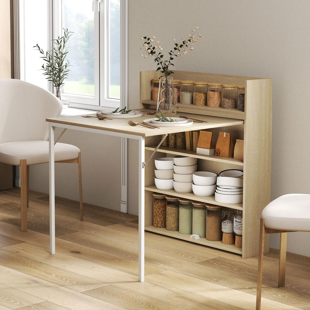 Kitchen Table Folding Dining Table With 4 Tier Shelves Modern Drop Leaf Table Oak Wood Effect