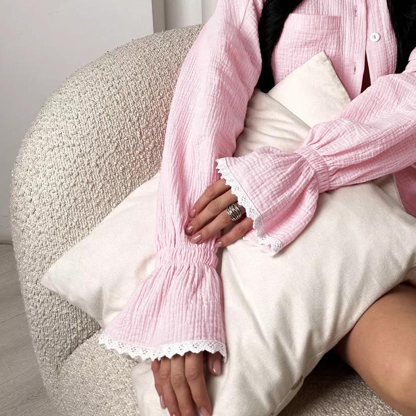 Solid Colour Crepe Cotton Pajamas Long Sleeve Shorts Ruffle Two Piece Set Homewear Ladies