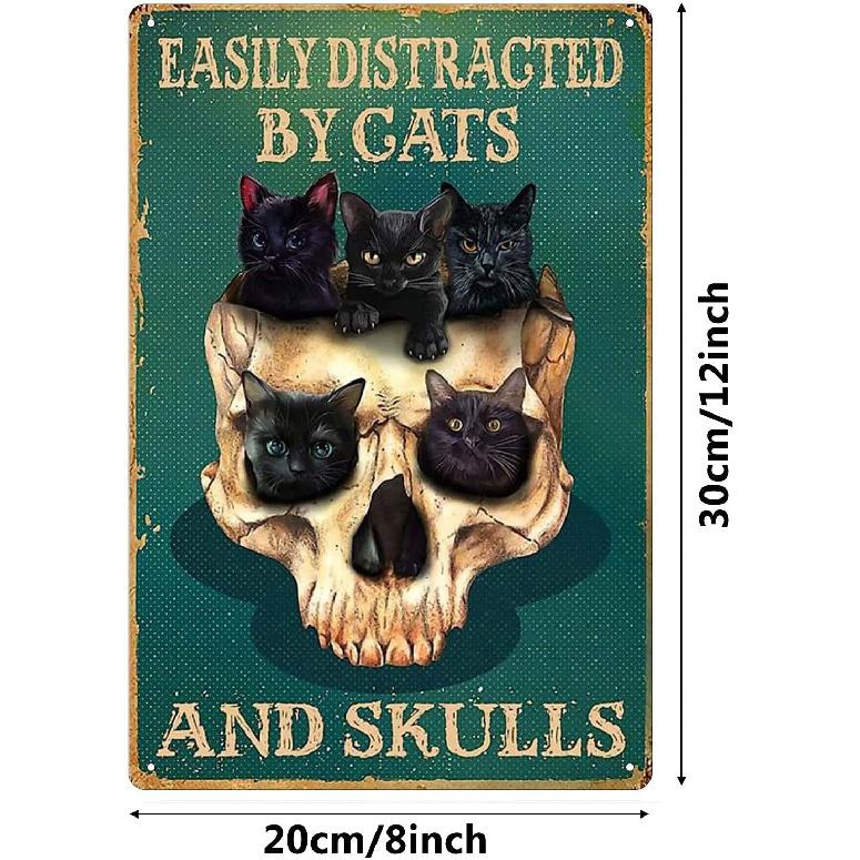 Yepzoer Skull and Cat Metal Retro Vintage Tin Sign Bar Wall Decor Poster 8x12 inch