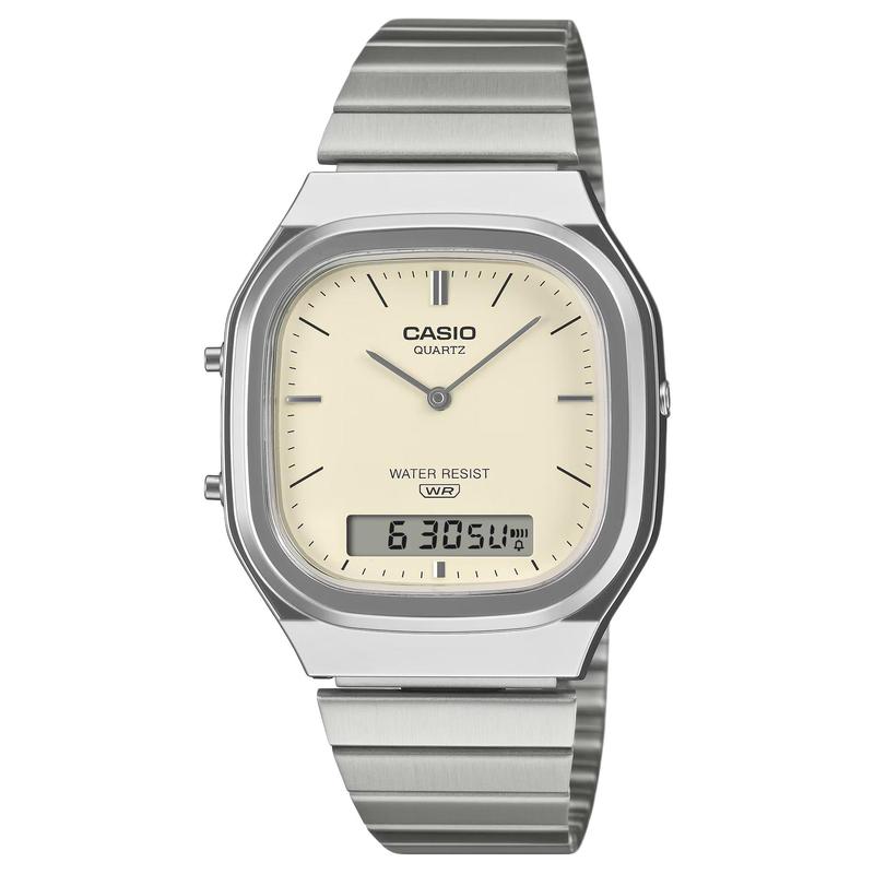 Casio Серия VINTAGE, модный и простой двойной дисплей, Кварц, Стальной ремешок, , тот же стиль для мужчин и женщин, белый циферблат AQ-240E-7A2