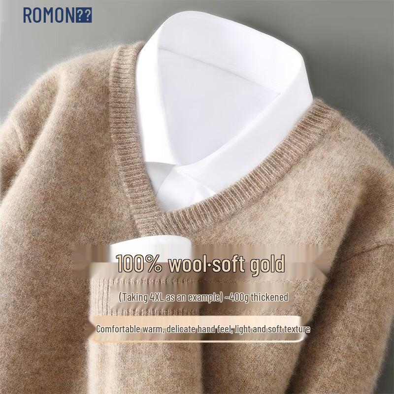 ROMON Men's Thickened Pure Wool V-Neck Long Sleeve Sweater
