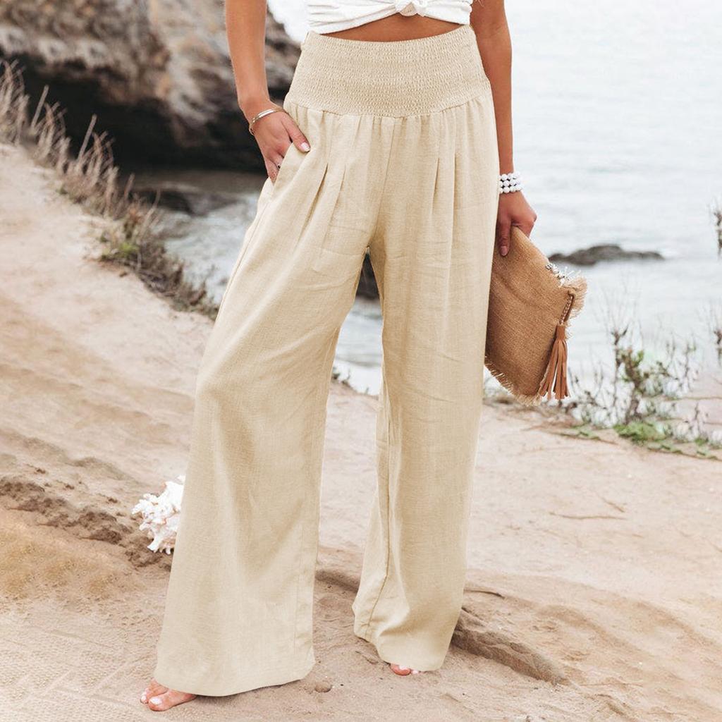 Women's Casual Loose High Waist Cotton Linen Wide Leg Long Pants With Pockets