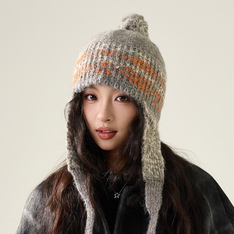 Осенне-зимняя шапка с защитой ушей, вязаная, женская, этнический стиль, теплая шерстяная шапка