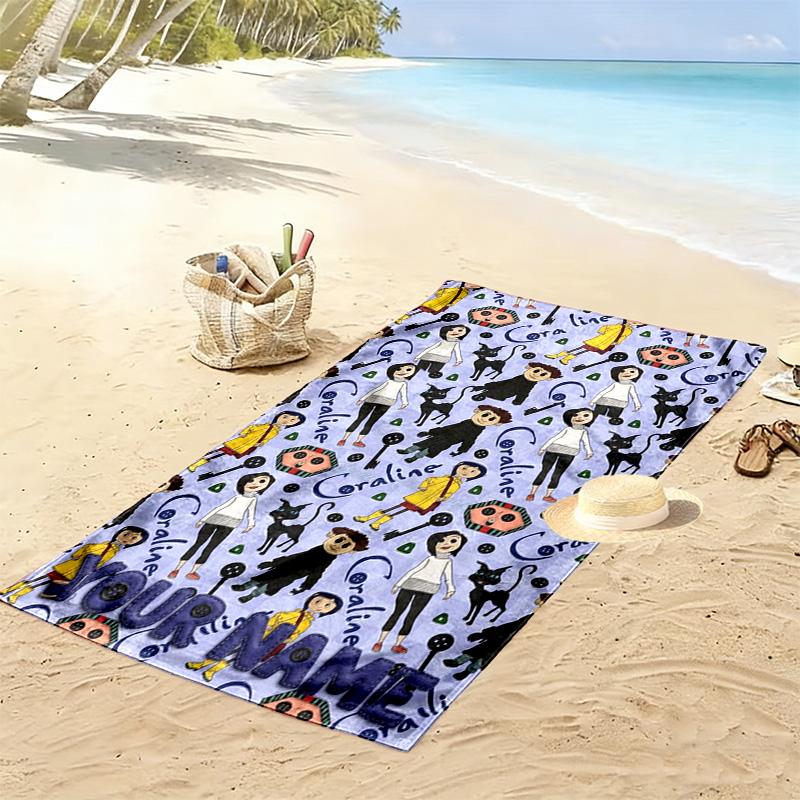 Name Custom Cartoon Coraline Print Beach Towel, Large Soft Quick Dry Towel for Beach Camping Swimming
