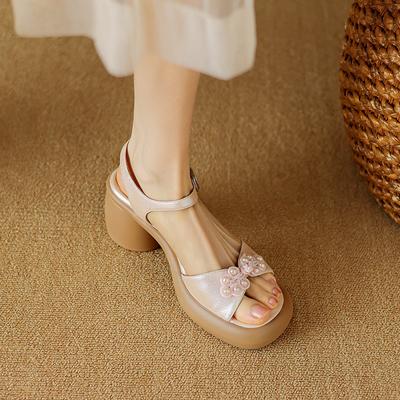 2024 лето новые женские сандалии с жемчугом на высоком каблуке, толстой подошве, пряжкой из одного слова и открытым носком