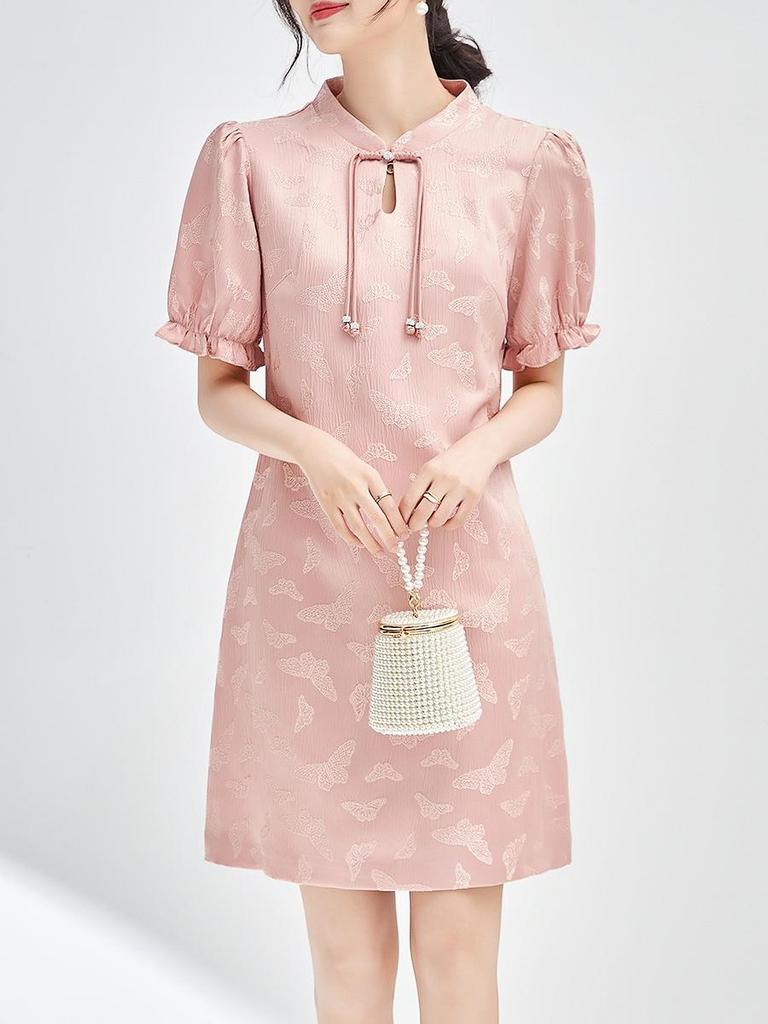 New Chinese Jacquard Butterfly Cheongsam Dress for Women - Retro & Feminine