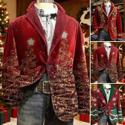 Пиджак Костюм Вельветовая Зимняя Куртка Приталенный Однобортный Пиджак Лацкан Длинный Рукав 3D Принт на Рождественскую Тематику Верхняя Одежда