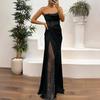 Lady Evening Dress Bandeau Off Shoulder Sleeveless Pleated Knot Mesh Patchwork Shiny Sequin Ball Gown Satin Floor Length Banquet Prom Maxi Dress