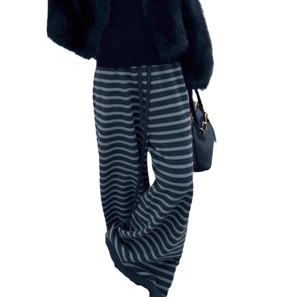 Women's Thick Wool Striped Pants - Cozy Knit Casual, Black Gray Floor-Length for Autumn/Winter.