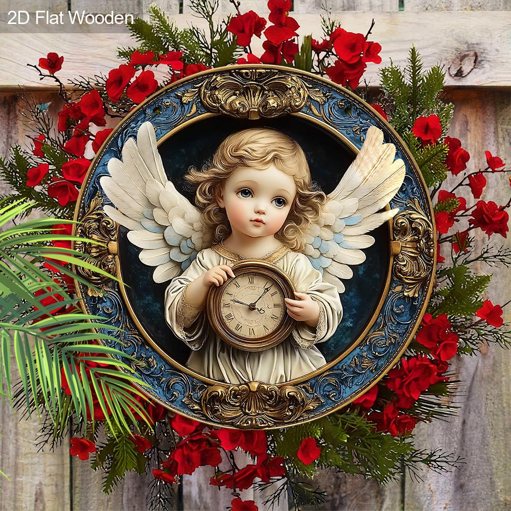 Wooden Sign Adorable Angel & Clock Pattern - Charming Round Artwork for Front Door Wall Home Hanging Decoration