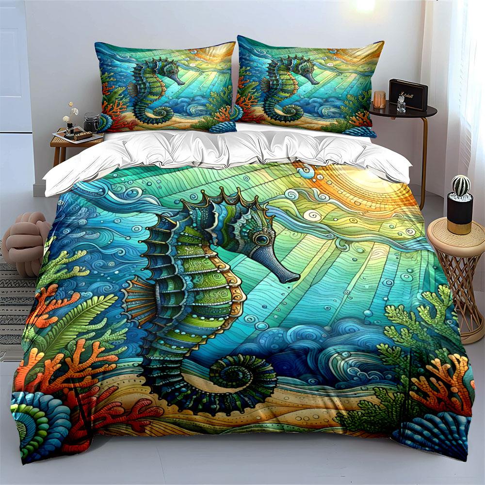 "Colorful Seahorse Ocean Decor Set" Bedding Set with 1 Duvet Cover 2 Pillowcases Single Double King Queen, Gift
