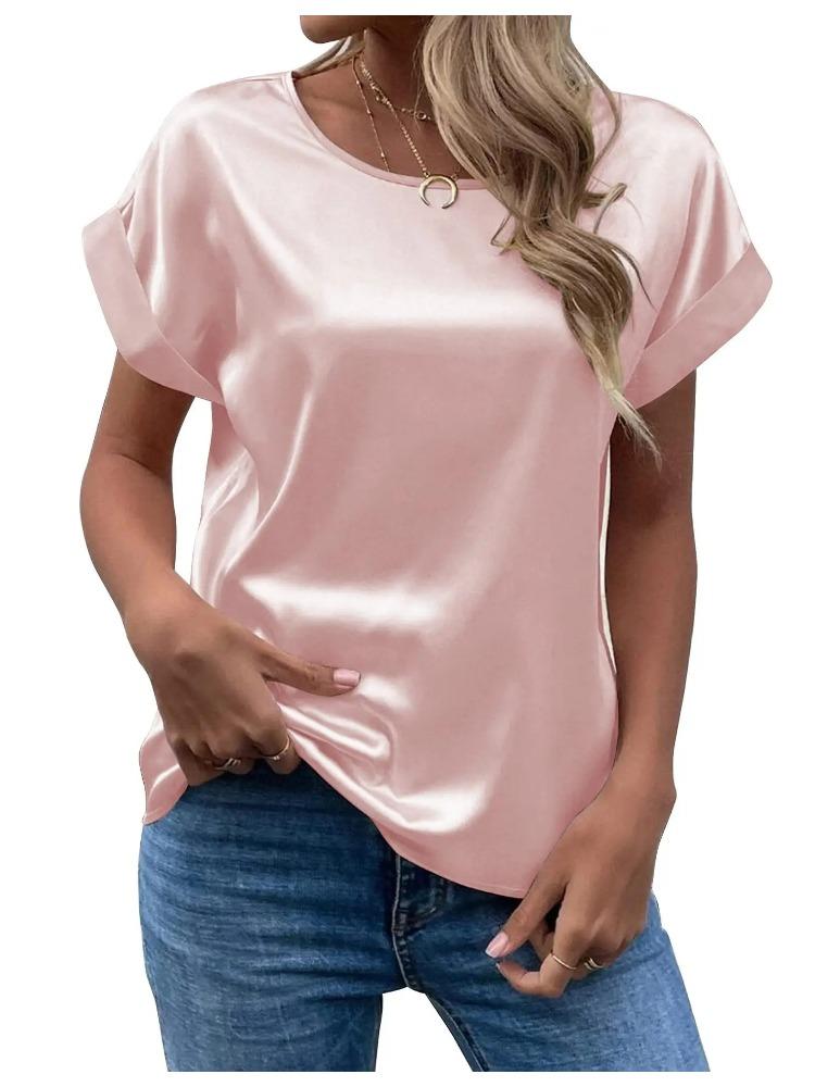 Spring and Summer New Women's Short Sleeve Satin Shirt Loose Casual Round Neck Colored Ding T-shirt Women
