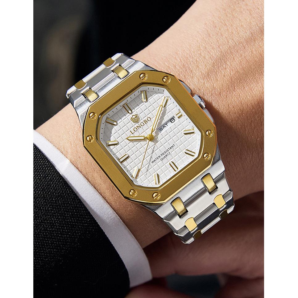 Luxury Men Square Wrist Watch Octagon Case Stainless Steel Band Quartz Watches Dual Day‑Date Luminous Waterproof