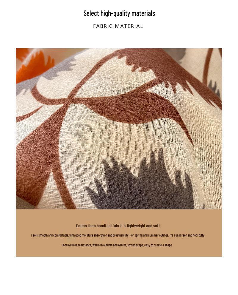 Korean Style Floral Cotton Linen Scarf, Versatile Long Thin Shawl for Women