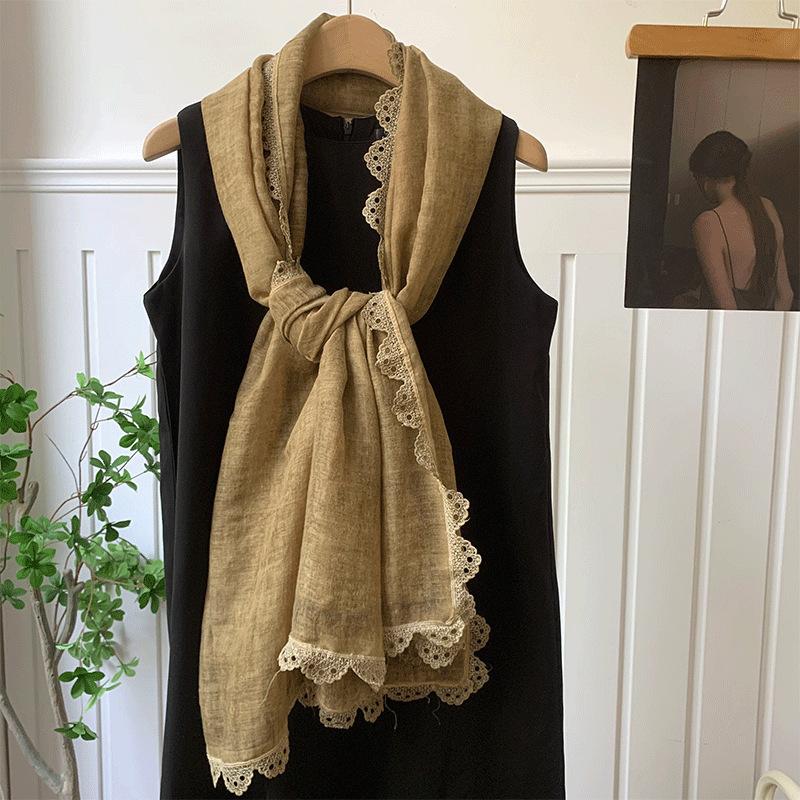Scarf Atmosphere Solid Color Spring and Autumn Summer Fashion Lace Silk Scarf Neck Protection Scarf Shawl Dual-purpose