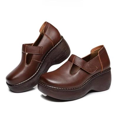 Мода 2024Новые туфли на плоской платформе из натуральной кожи для женщин Ретро Толстый каблук Танкетка Ручная работа Повседневная обувь Для отдыха Женская обувь на платформе