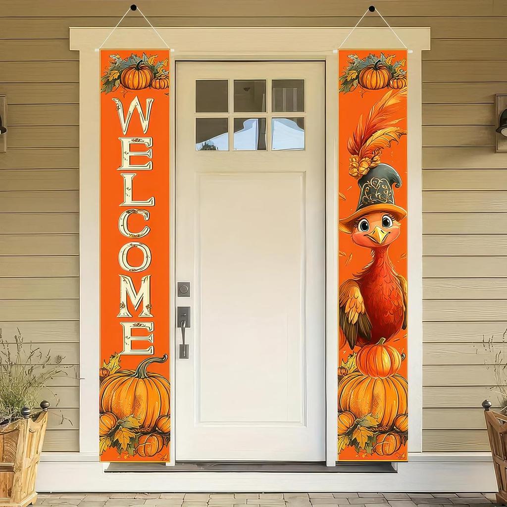 2pcs Thanksgiving Turkey Porch Banner Sign Set 12x71 Inch Autumn Thanksgiving Doors Decoration Fall Welcome Sign Pumpkin Door Banners for
