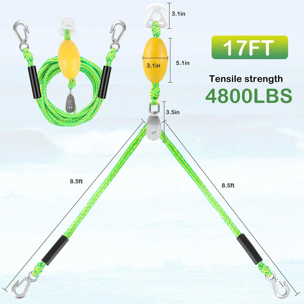 17FT Heavy Duty Boat Tow Rope with 2 Hooks, Floating Ski Harness for Wakeboarding Tubing, Water Sports Towing Line
