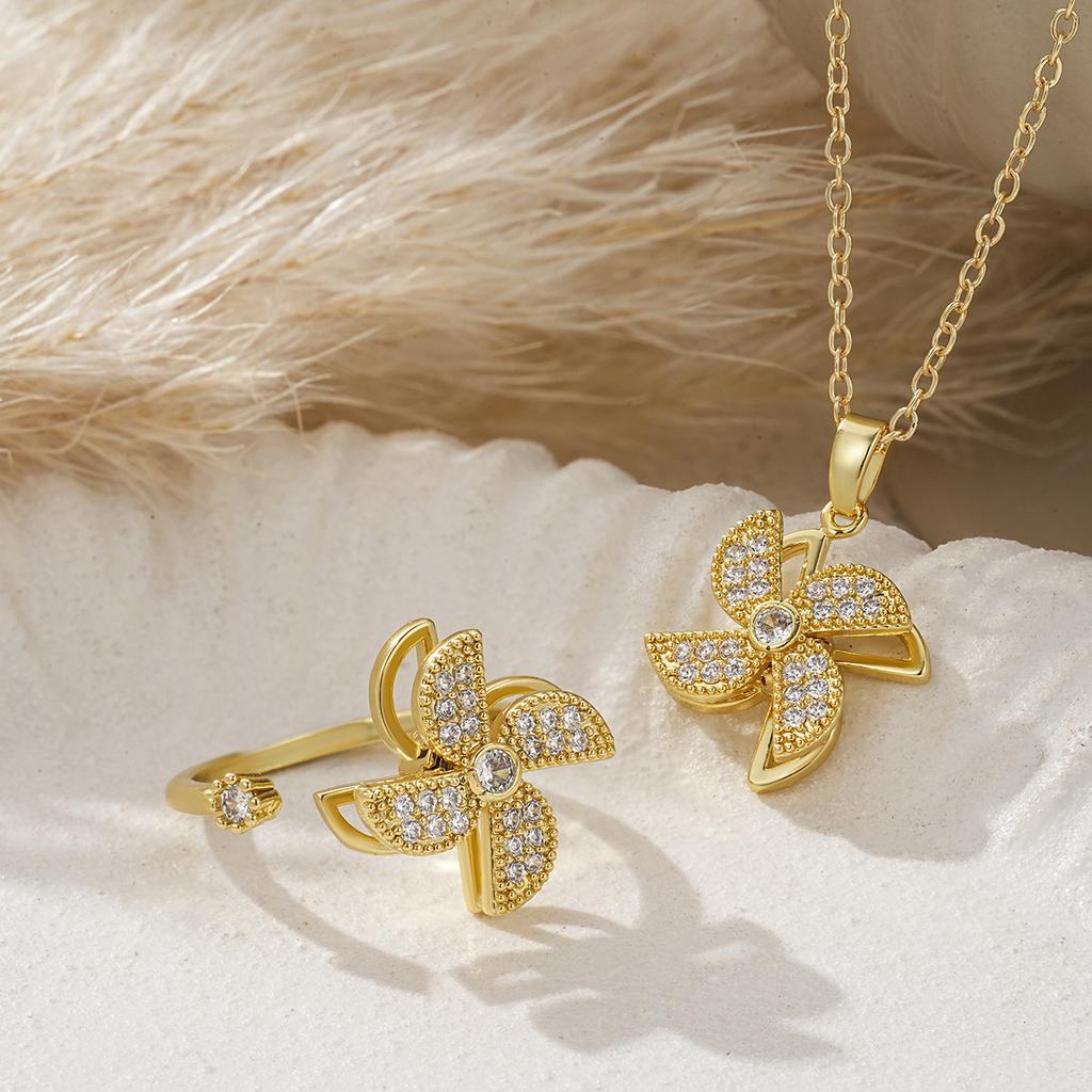 Jewelry Set Rotatable Hollow Four Leaf Clover Necklace Open Ring Micro Zircon