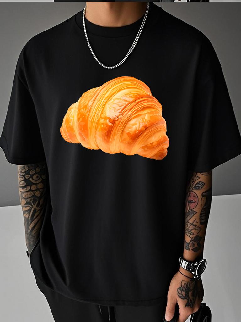 Unisex Summer White Short Sleeve Tee Realistic Golden Croissant Bread Graphic Print Crew Neck Loose Casual Male Daily Tops