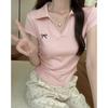 Summer Pure Desire Lapel Slim Short-sleeved Bow Embroidered Right Shoulder Short Petite T-shirt Women's POLO Collar Top