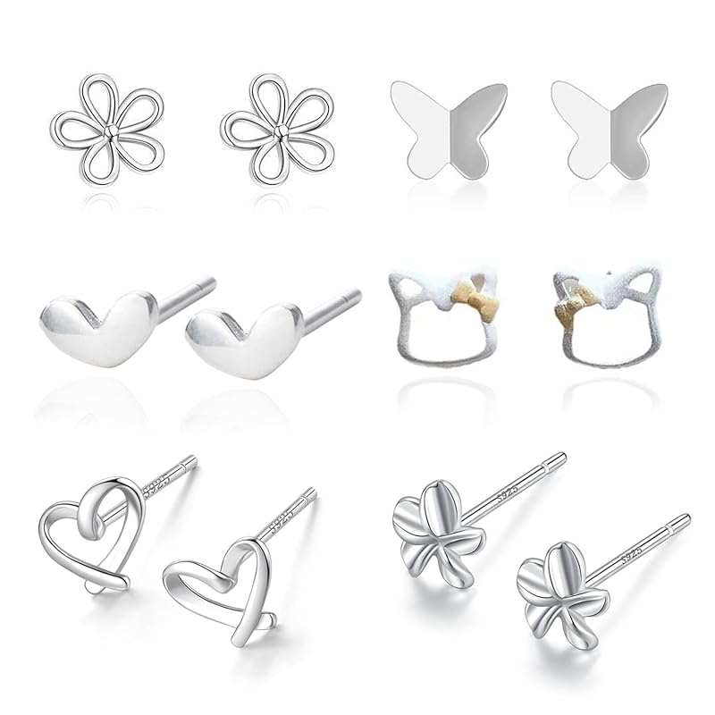 Earrings Set Leave It On 6 Pair Set Compatible with Metal Allergies Second Piercing Ladies 18K Coating Allergy Friendly Cute Smaller 925 Silver