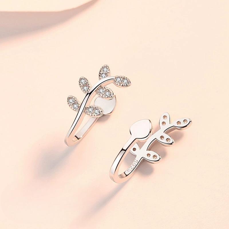 Fresh Mori Style Leaves Ear Clip Silver S925 Diamond-Embedded Without Ear Hole Niche Japanese and Korean Style