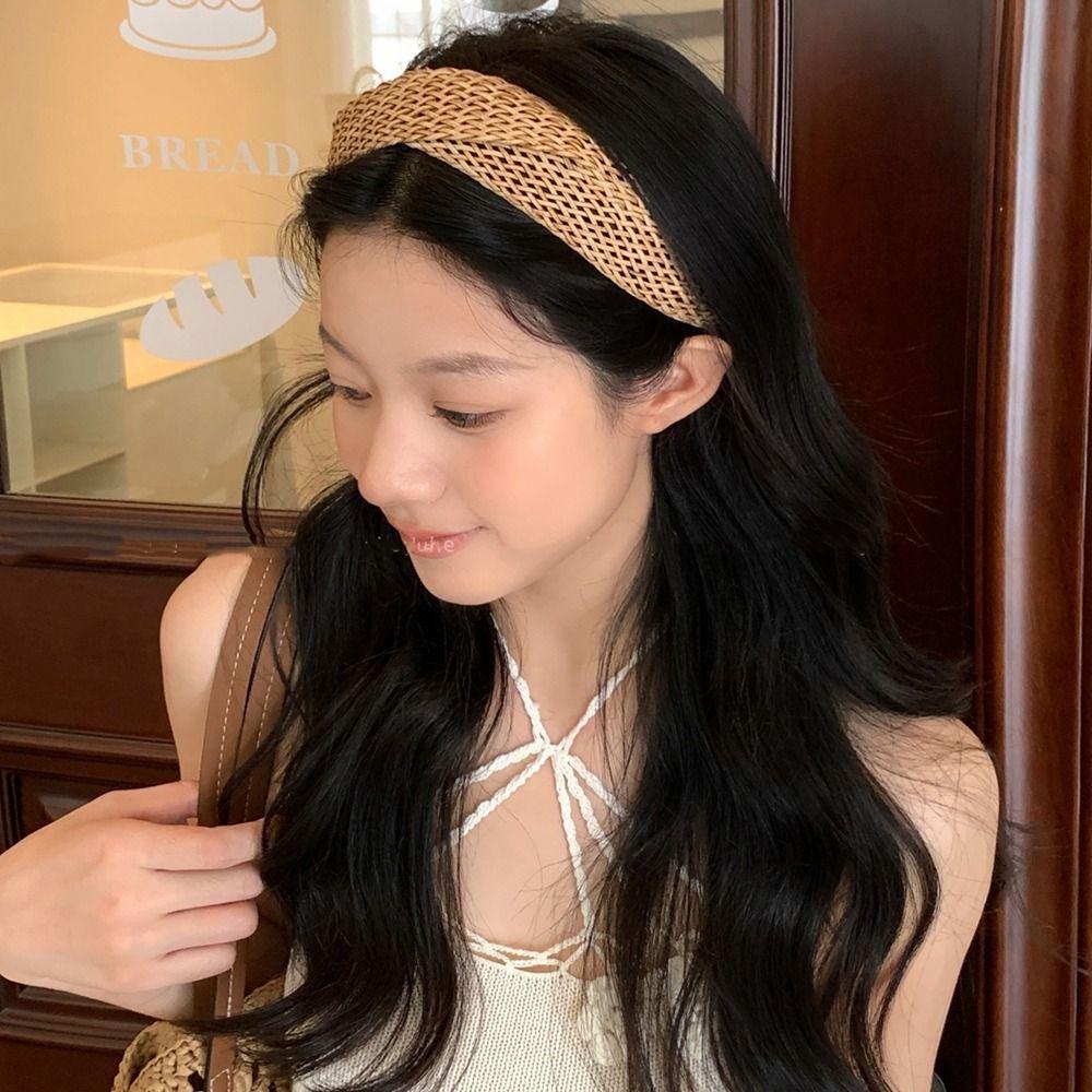 Hollow Straw Weave Headband Vacation Style Bohemian Style Hair Hoop Wide Edge Hairband Women