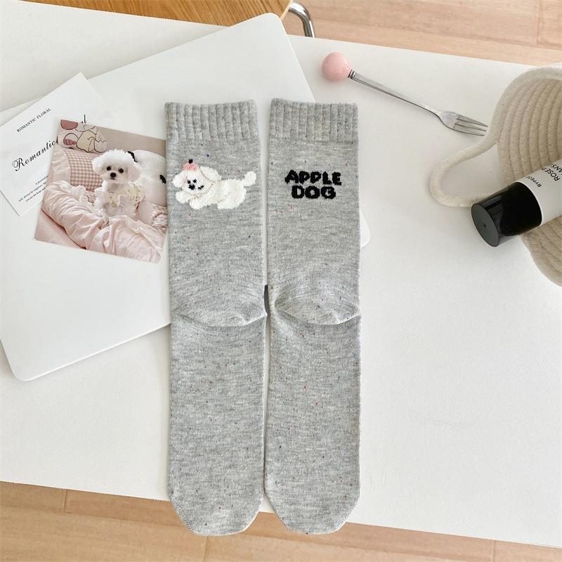 Cartoon Animal AB Letter Flocked Socks, Women's Dot Yarn Pile Socks, Pure Cotton Mid-calf Socks