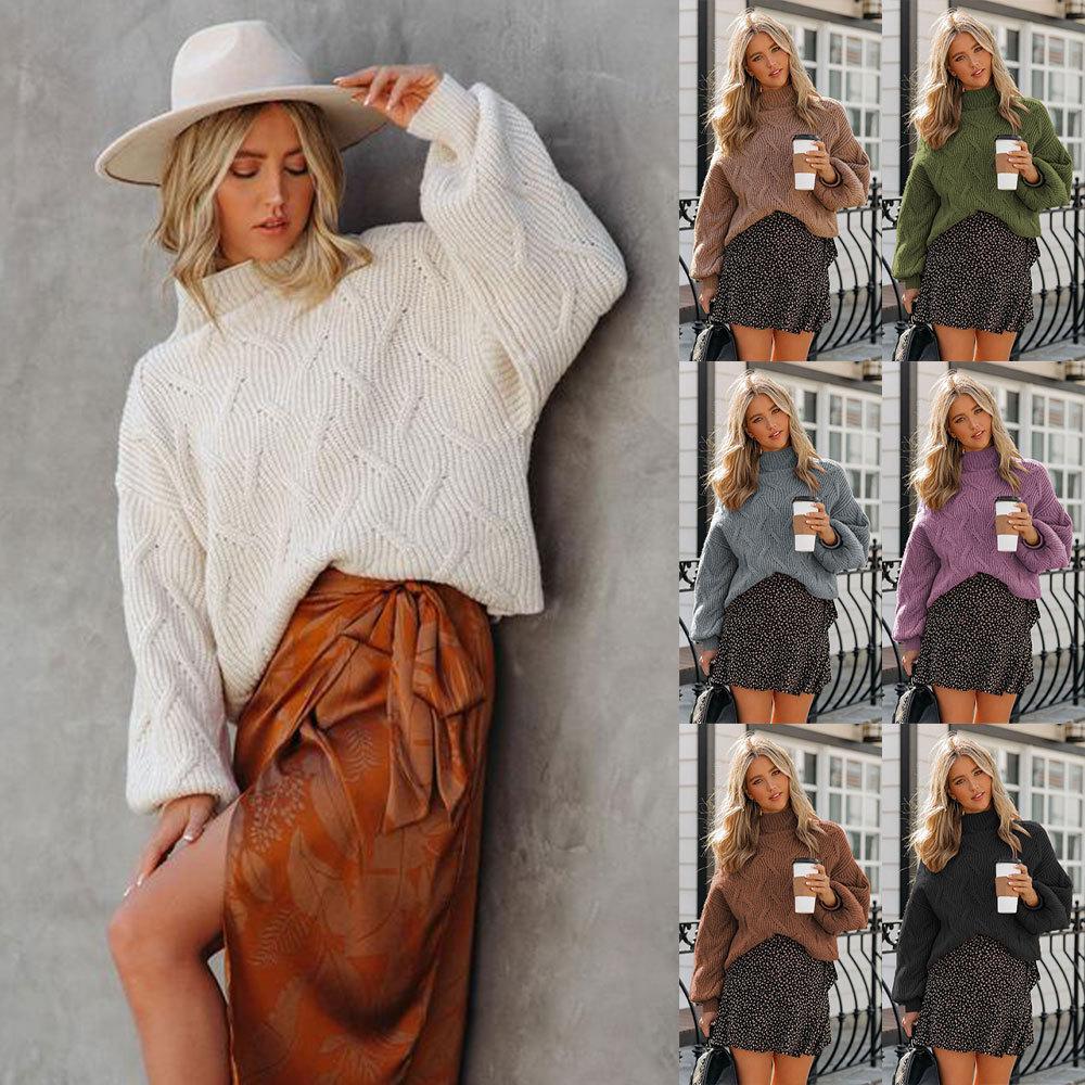 Зимний женский свитер, модный однотонный вязаный свободный пуловер с пуговицами и высоким воротом, свитер