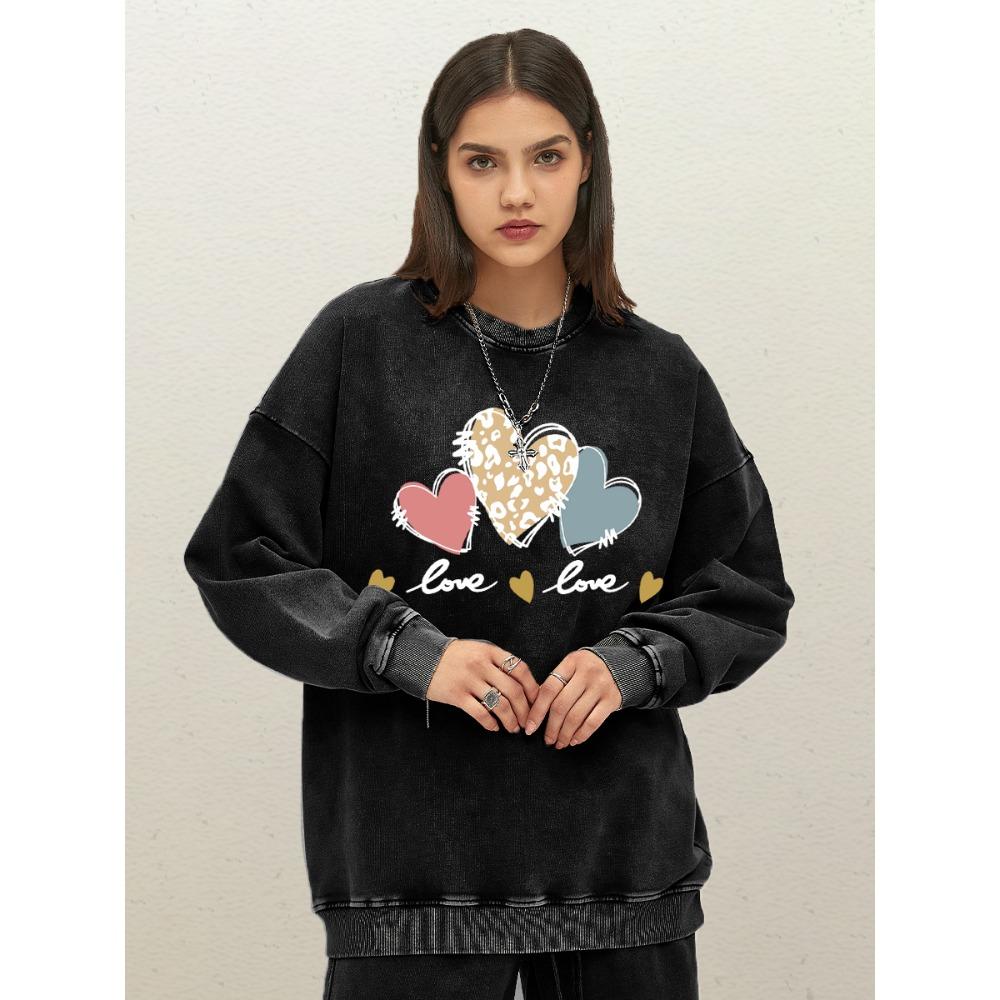Pink Leopard Print Heart Combination Woman Washed Sweatshirt Cotton Sportswear Vintage Crewneck Clothes Autumn Loose